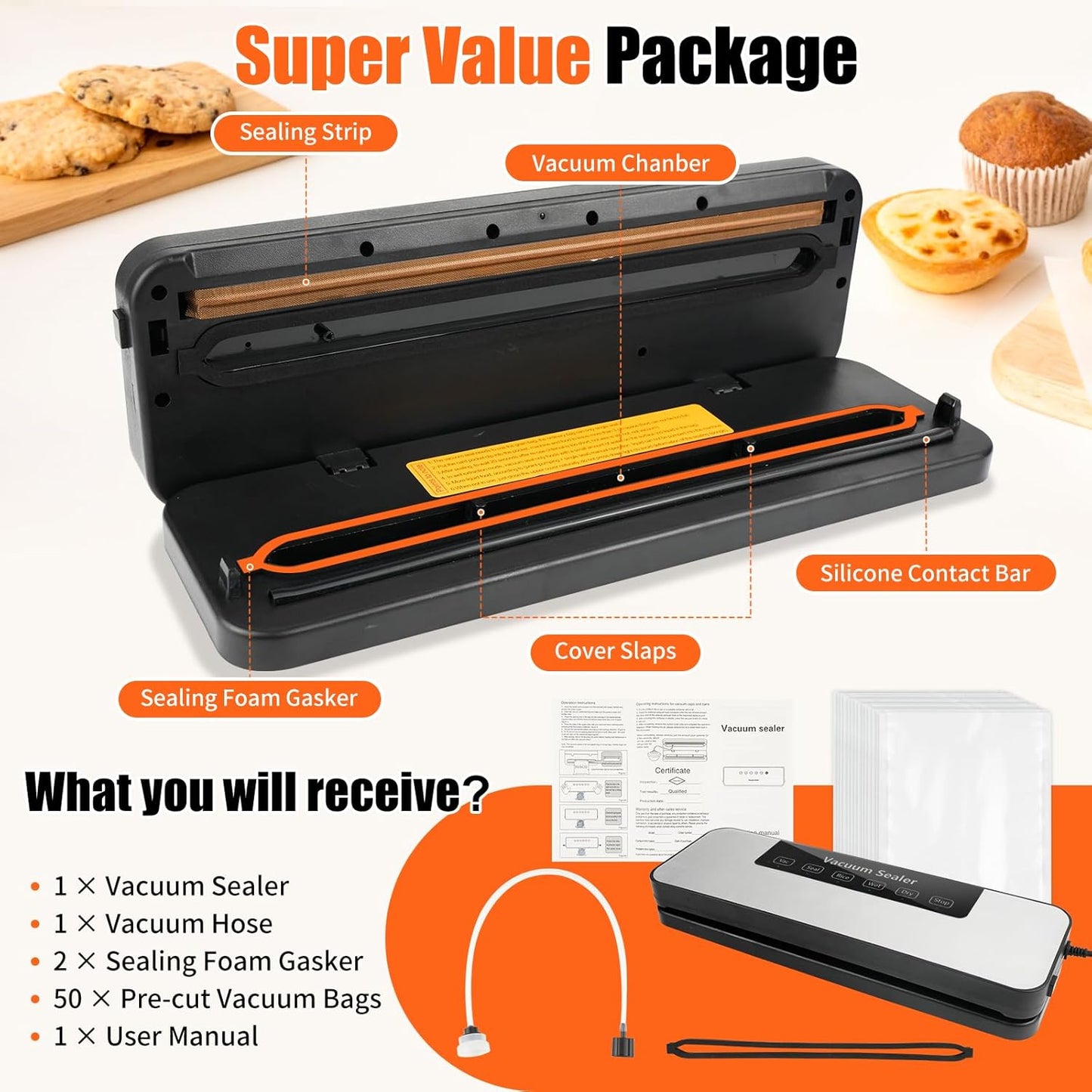 Vacuum Sealer for Food, Automatic Food Vacuum Sealer Machine, Precision Suction Power Compact 6-in-1 Food Sealer, Dry & Moist Modes with 50 Vacuum Bags and Air Suction Hose (Silver)