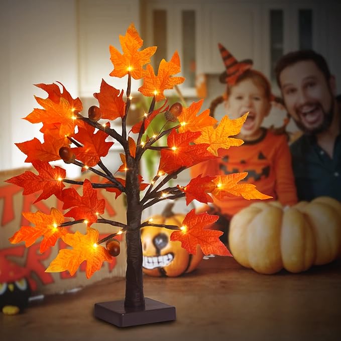 FastDeng 1.5ft Lighted Maple Tree-Artificial Fall Tree Light, Timer 36 LED Warm White Autumn Tabletop Tree Lights Battery Operated for Indoor Fall Harvest Home Decor, Thanksgiving Decorations (2Pack)