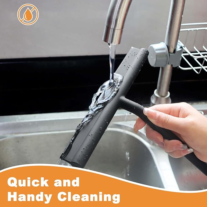 Squeegee for Shower Glass Doors, Resilient Loop - No-Drill & Adhesive Hook, Silicone Shower Squeegee with Stainless Steel Core, Cleaning Tool for Home, Kitchen, Bathroom & Car - Black