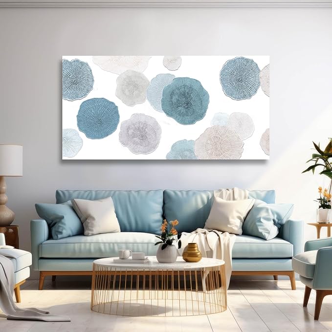VAYIMDH Blue Wall Prints on Canvas White and Grey Abstract Wall Decor for Home Living Room Framed Poster Cozy Bedroom Painting 24"x 48" Flowers Wall Art