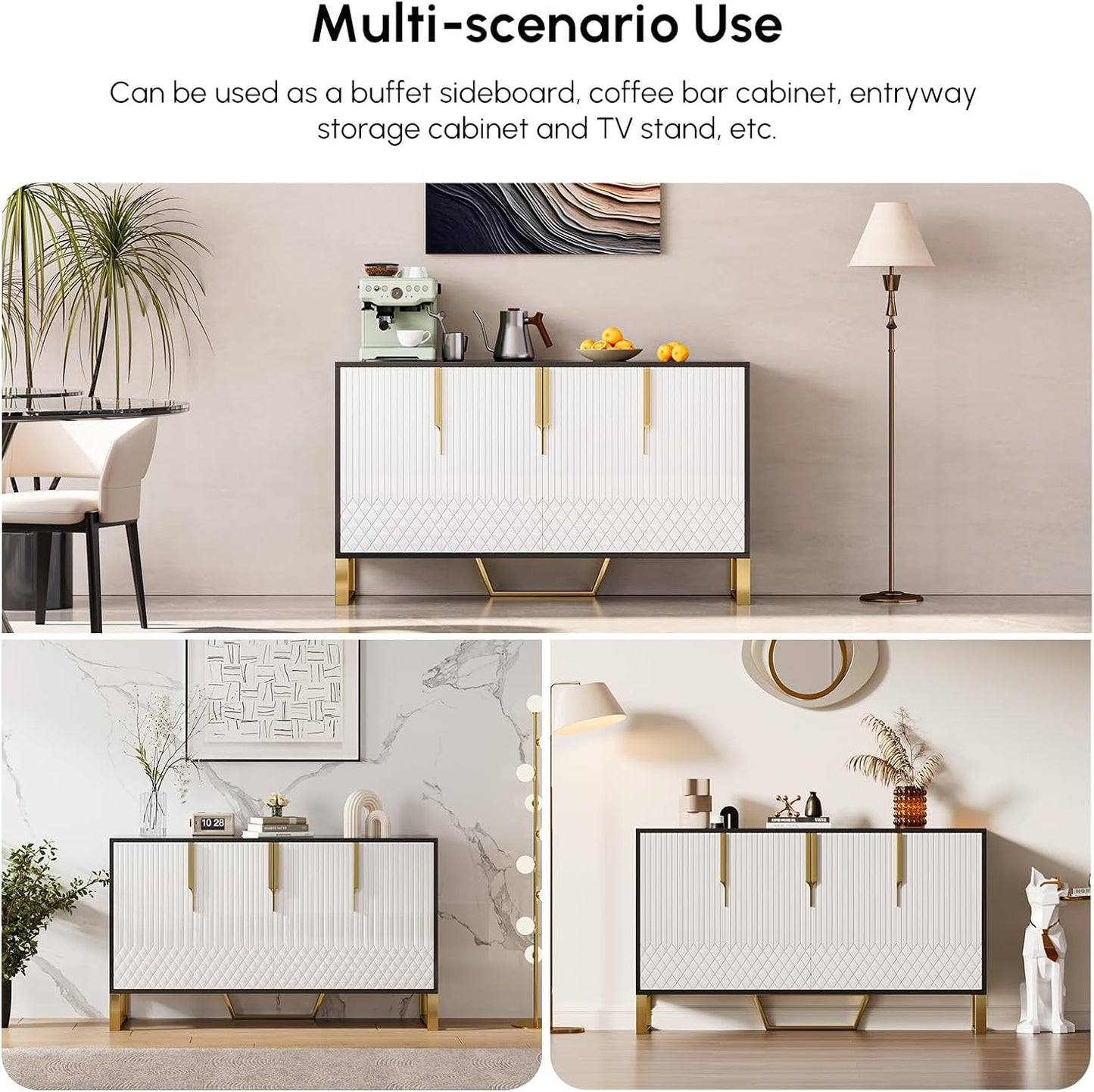 homary 59" Buffet Sideboard Cabinet with Storage – Modern Kitchen Server Table with 4 Doors & Adjustable Shelves, Stainless Steel Frame for Dining Room, Living Room, Entryway