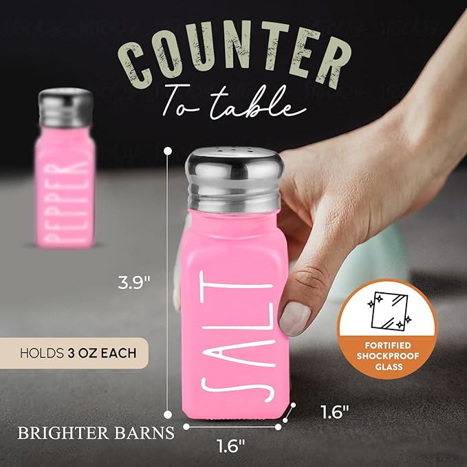 Pink Salt and Pepper Shakers Set by Brighter Barns - Modern Kitchen Decor and Accessories - Cute Glass Shakers - Vintage Decor for Home, Restaurants, Housewarming Gifts & Stainless Steel Lids (Pink)