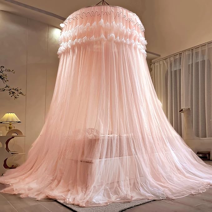 Kertnic Dreamy Bed Canopy for Girls, Princess Canopy Curtains Double Layer Sheer Mesh, Kids & Adults Canopies Netting Room Decor Tent Mosquito Net for Queen King Bed (Double Layer-Beige Pink)