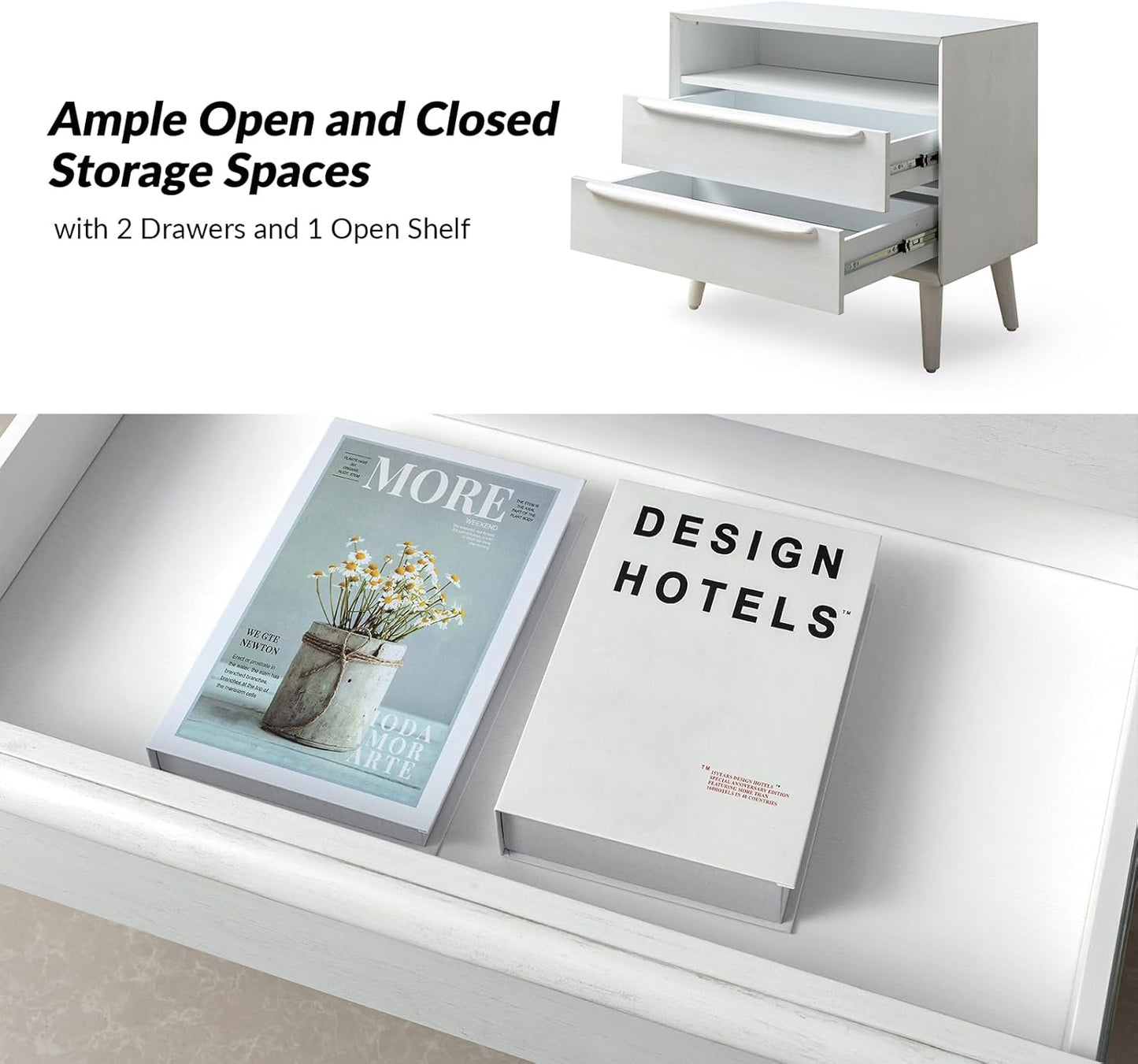 HULALA HOME Nightstand with Charging Station, Set of 2 Mid-Century Modern 2 Drawer and Open Shelf Dresser for Bedroom, Fluted Bedside Table, White