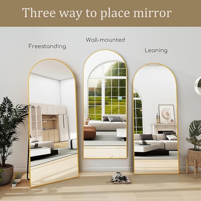 TinyTimes 71''x30'' Oversized Arched Full Length Mirror Large Full Body Floor Mirror with Stand for Hanging, Big Full Size Long Mirror with Aluminum Frame for Bedroom, Living Room (Gold)