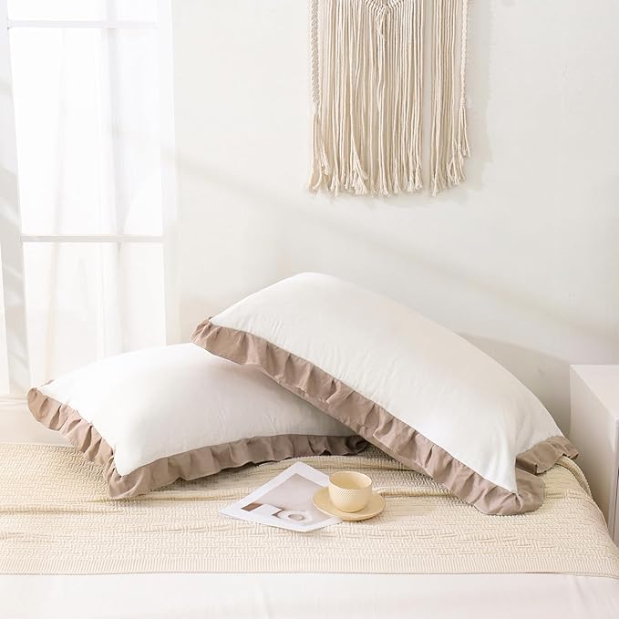 Merryword Taupe Pillow Shams White and Taupe Reversible Standard Pillowcases Cute Pillow Cover Set of 2 Soft Shabby Chic Ruffled Pillowcases 2 Pack (Queen (20''x30''), White Taupe)