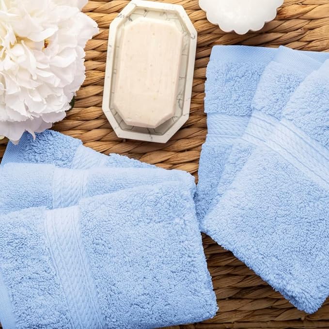Superior Egyptian Cotton Pile Face Towel/Washcloth Set of 6, Ultra Soft Luxury Towels, Thick Plush Essentials, Absorbent Heavyweight, Guest Bath, Hotel, Spa, Home Bathroom, Shower Basics, Light Blue