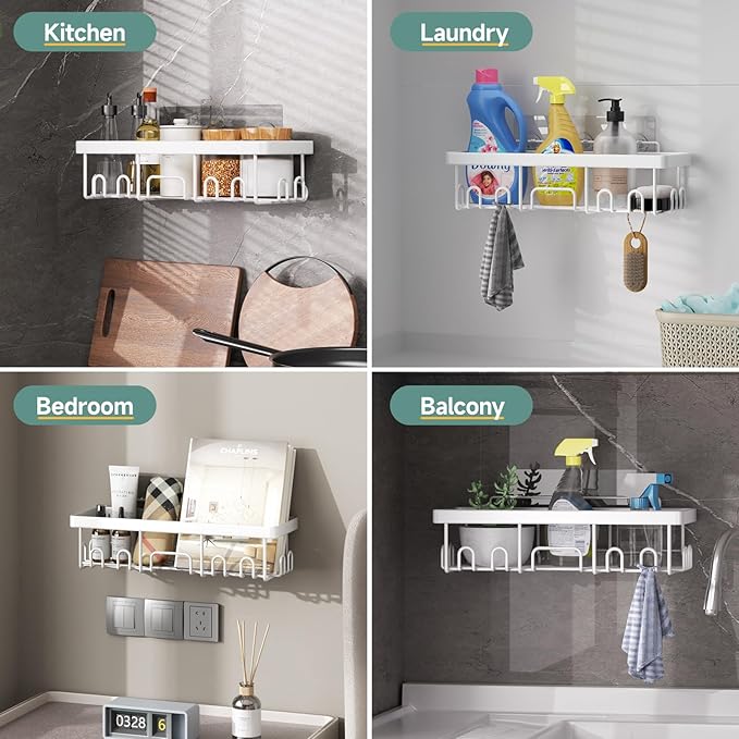 Veken Adhesive Shower Caddy 5-Pack,Heavy Weight Bearing,Large Wall Mounted Shower Shelves Rack,Organizer Storage Accessories with Soap Dish&Toothbrush Holder,Ideal for Bathroom,Home&Kitchen,White