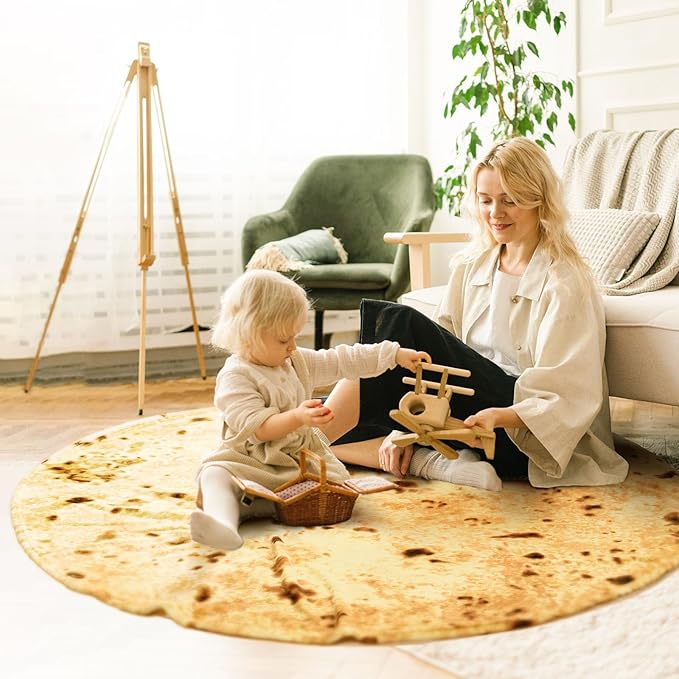 Vessia Burritos Tortilla Blanket Throw Size(Yellow,71 inches), Giant Realistic Funny Food Throw for Adults and Kids, 300 GSM Double Sided Soft Novelty Round Taco Blanket