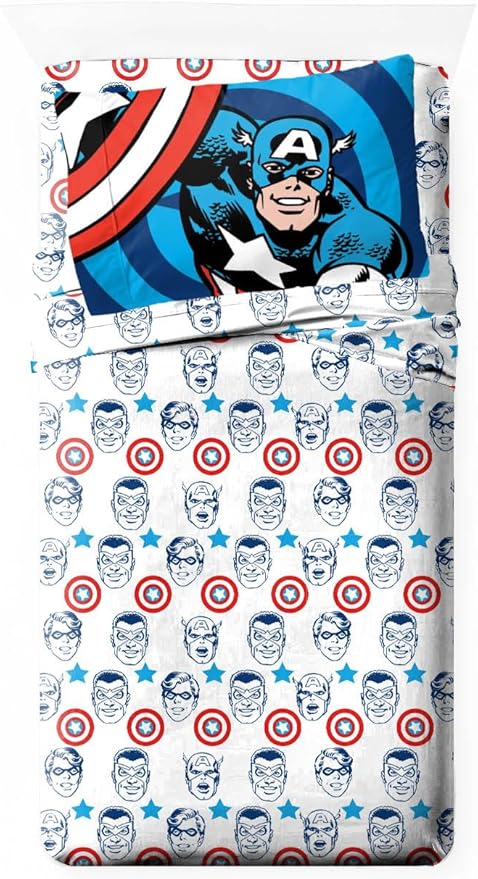 Jay Franco Kids Sheet Set with Fitted, Flat Sheets & Pillow Cover - Ultra-Soft Bedding with Pillowcase for Room Decor, White - Captain America, 3 Piece Twin