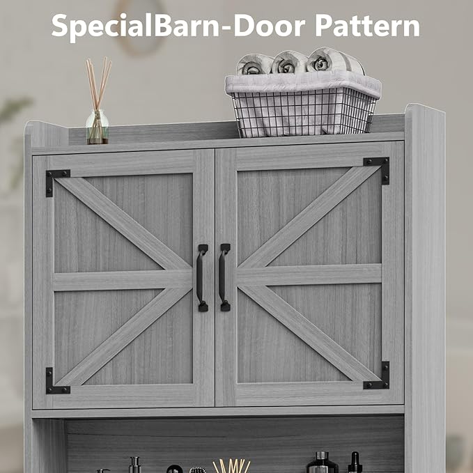 Over The Toilet Storage Cabinet, Farmhouse Storage Cabinet Over Toilet with Barn Doors & Toilet Paper Holder Stand,Home Space-Saving Toilet Rack, for Restroom/Laundry and Bathroom