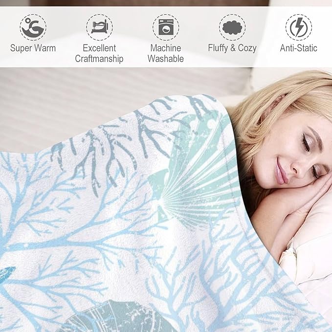 Starfish Seashell Throw Blanket for Teens Boys Girls and Adults Soft Warm Cozy Funny Midweight Food Flannel Blankets for Couch Sofa Bed Camping Travel Home Decor 50" X 60"
