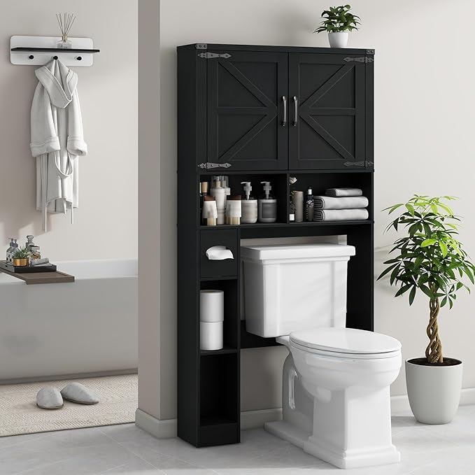 Over The Toilet Storage Cabinet, Farmhouse Storage Cabinet Over Toilet with 2 Barn Doors && Toilet Paper Holder Stand,Home Space-Saving Toilet Rack, for Laundry, Restroom, Bathroom.Pure Black