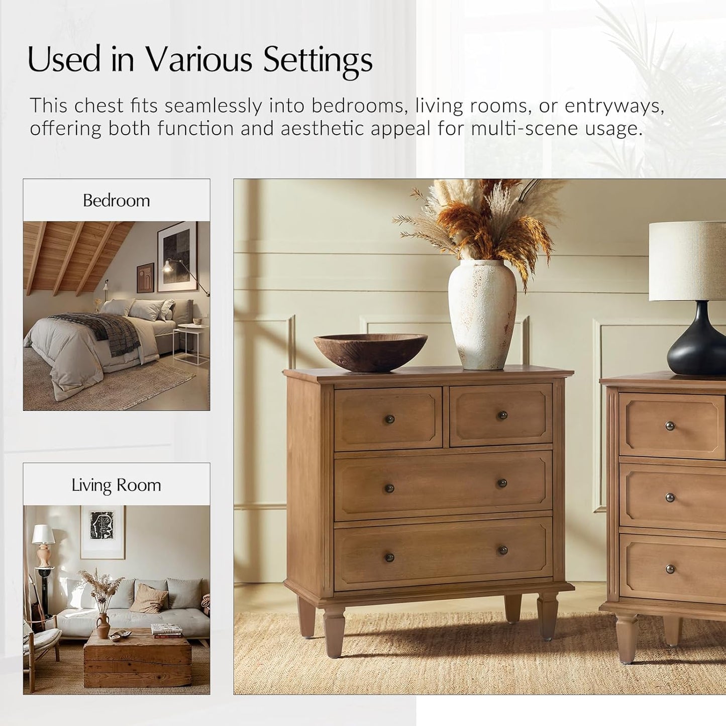 HULALA HOME Mid-Century Modern Nightstand with Charging Station and Divider Tray, 4-Drawer Bedside Table with Solid Wood Legs (Acorn,Set of 2)