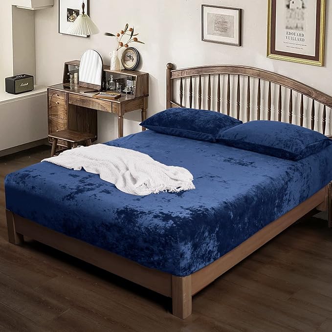 PHF Truly Velvet Fitted Sheet Only California King Size, Luxury Super Soft Cozy Fuzzy Fleece Bottom Sheet with Deep Pocket Up to 16", Suitable for Fall Winter Spring, No Pillowcases, Navy Blue