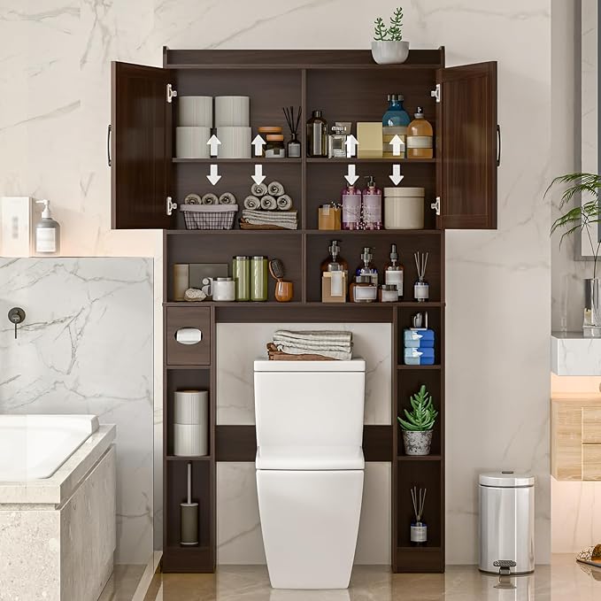 Over The Toilet Storage Cabinet, Farmhouse Toilet Cabinet Rack with Barn Doors, Space Saving Bathroom Organizer with Shelves, Toilet Paper Holder and Towel Rack for Bathroom,Restroom,Laundry,Espresso