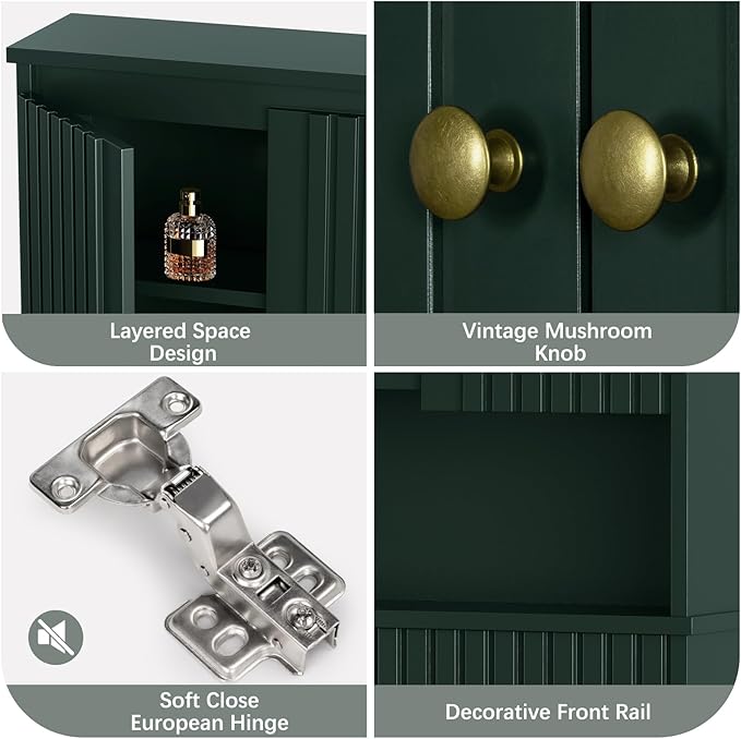 Over The Toilet Storage Cabinet, Above The Toilet Storage with Fluted Panel Doors and Soft Hinges, Over Toilet Bathroom Organizer Spacesaver Rack (Forest Green)