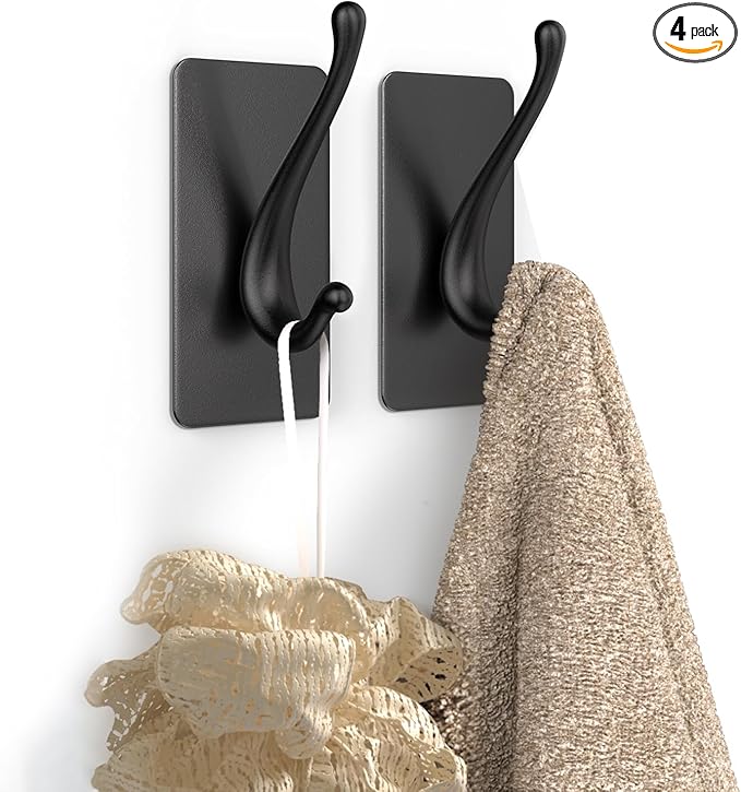 Towel Hooks, Solid Alloy Adhesive Wall Hooks for Hanging, Towel Hooks for Bathroom, RV, Kitchen, Closets, etc (Black, 2 Pack)