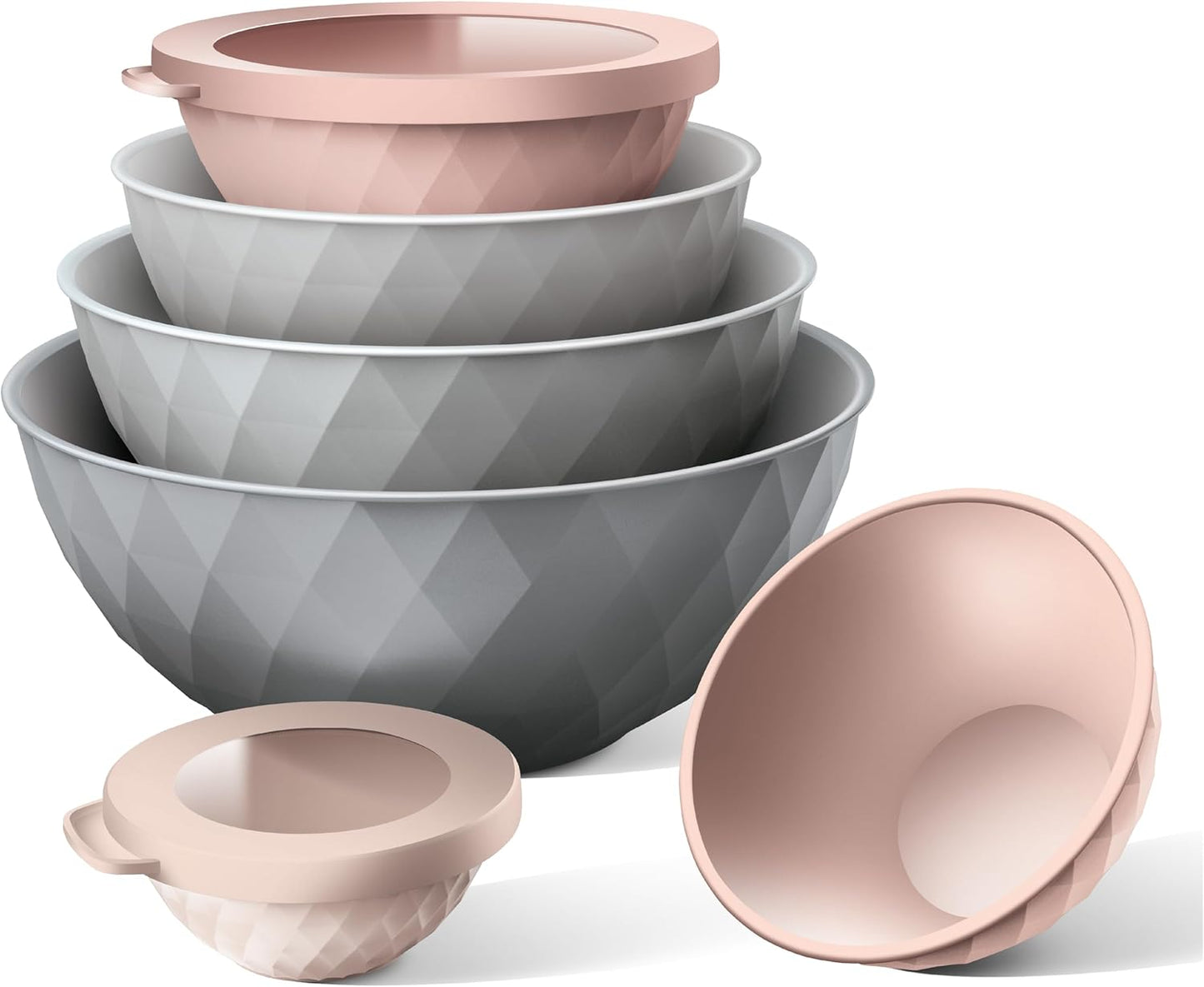 COOK WITH COLOR Mixing Bowls with Lids - 12 Piece Plastic Nesting Bowls Set includes 6 Prep Bowls and 6 Lids, Diamond Design - Microwave Safe, Pink and Grey