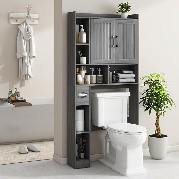 Over The Toilet Storage Cabinet, Farmhouse Storage Cabinet Over Toilet with Barn Door,Home Space-Saving Toilet Rack for Bathroom, Restroom and Laundry.(Wash Grey)