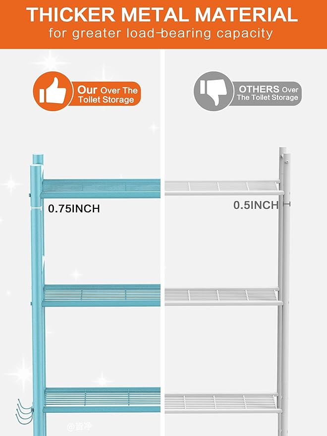 3-Tier Over The Toilet Storage, Space Saver Metal Bathroom Shelves, Freestanding Above Over Toilet Storage Shelf with 4 Hooks for Bathroom, Blue