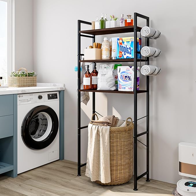Over The Toilet Storage Rack 3 Tier Bathroom Organizer Shelf Over Toilet Freestanding Space Saver Toilet Stands with 10 Hooks Multifunctional (BlackOak)