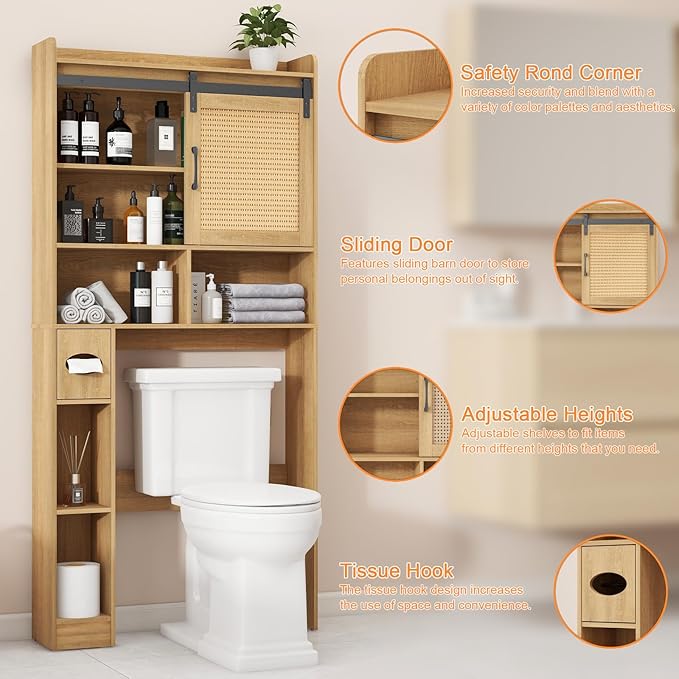 Over The Toilet Storage Cabinet, Farmhouse Rattan Storage Cabinet Over Toilet with Sliding Doors & Toilet Paper Holder Stand, Home Space-Saving Toilet Rack, for Bathroom, Laundry(Rattan Oak).