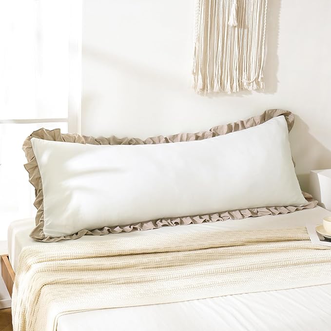 Merryword Taupe Body Pillow Cover 20x54inches White and Taupe Reversible Long Pillowcase Ruffled Body Pillowcases Cute Pillowcase Pillow Sham (1 Body, White Taupe)