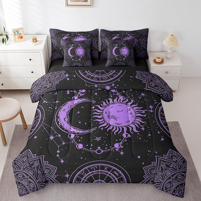 Sun and Moon 7 Piece Bedding Set, Constellation Galaxy Comforter Set Cover for Kids Boys Girls Teens Psychedelic Boho Mandala Bedding Set Celestial Puprle Black Full Size