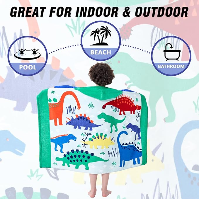 Kids Bath Towels, Kids Towel Girls Boys Hooded Beach,Bathroom,Pool Swim Towels 30 × 50 INCH Large Size Ultra Absorbent Cute Cartoon Animal Full Vitality 100% Cotton Dinosaur Towel| Dino
