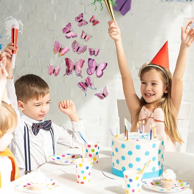 24PCS Butterfly Wall Decals Removable 3D Butterflies Decor for Wall Sticker Mural Stickers Home Decoration Kids Room Bedroom Decor (Double Layer-Pink/24PCS)