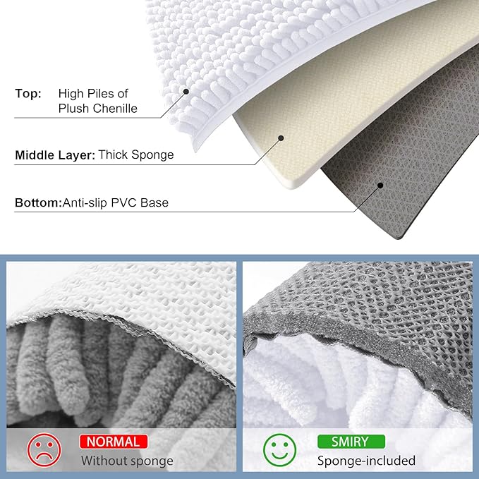 Smiry Luxury Chenille Bathroom Rugs 30x20, Extra Soft and Absorbent Shaggy Bath Mat, Machine Washable, Non-Slip Plush Carpet Runner for Tub, Shower, and Floor, Home Decor Accessories, White