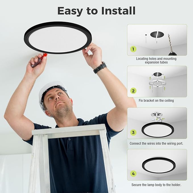 hepside LED Flush Mount Ceiling Light Fixture, 12Inch 24W, Dimmable&3000K/3500K/4000K/5000K/6500K Adjustable Low Profile Ceiling Lights, 3200LM Modern Lamp for Bedroom, Porch, Kitchen, Hallway, Black