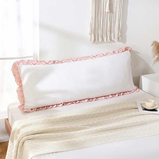 Merryword Pink Body Pillow Cover 20x54inches White and Pink Reversible Long Pillowcase Ruffled Body Pillowcases Cute Pillowcase Pillow Sham (1 Body, White Pink)