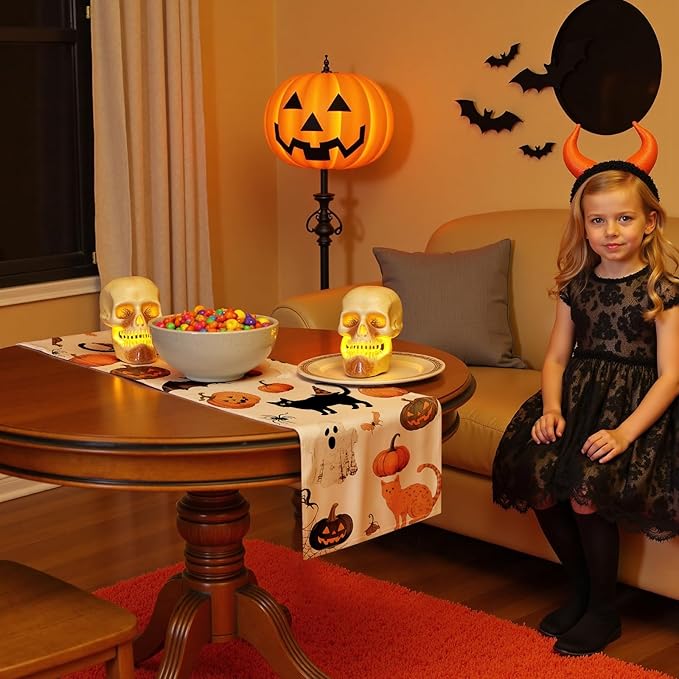 Halloween Table Runner with Spooky Pumpkins & Halloween Icons, Table Decoration for Dining Party and Home Decor,36x13 inches