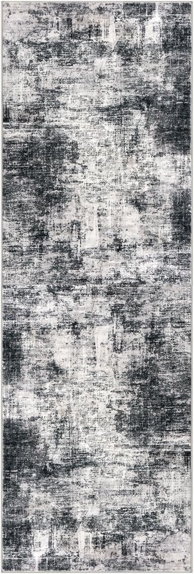 IOHOUZE Abstract Runner Rug 2x6 Ft Washable Runners for Hallways, Non Slip Kitchen Runner Printed Faux Wool Entryway Runner Indoor, Modern Abstract Floor Carpet for Hall Kitchen Bedroom, Black Gey