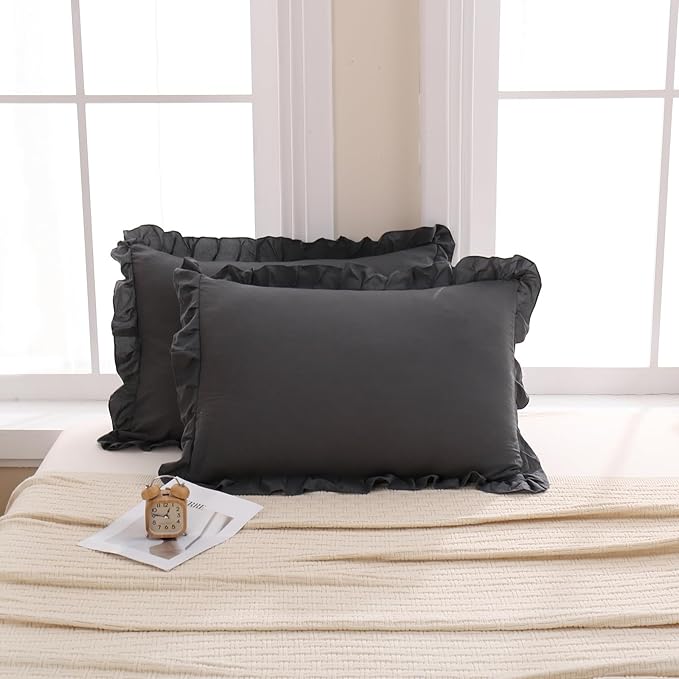 Merryword Reversible King Pillowcases Cute Pillow Cover Set of 2 Soft Shabby Chic Ruffled Pillowcases 2 Pack (King (20''x36''), Gray)