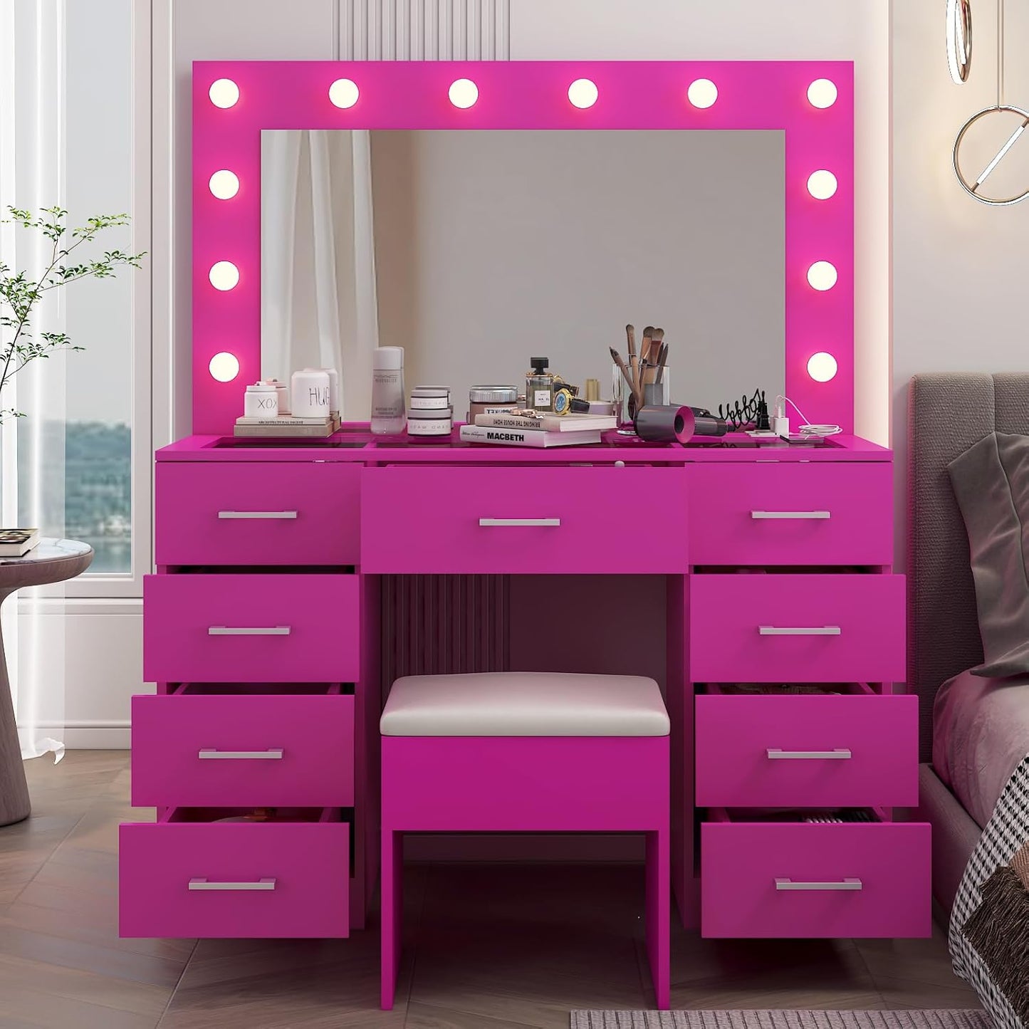 Karl home Vanity Desk with Large Lighted Mirror & Powre Outlet, Glass Tabletop Makeup Vanity Set with 9 Drawers, 45.3" Vanity Table with 3 Color Lighting Modes, Dressing Table for Women Girls, Pink