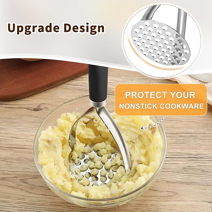 Heavy Duty Stainless Steel Potato Masher, Sturdy Metal Potato Smasher with Silicone Handle, High Heat Resistant Cooking Utensils for Kitchen Use, Dishwasher Safe, Easy to Clean, Silver