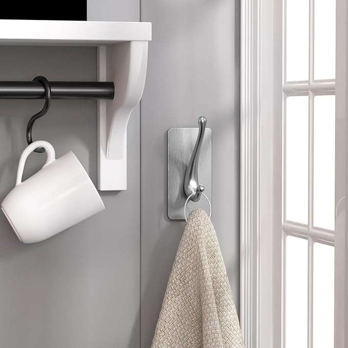 Towel Hooks, Solid Alloy Adhesive Wall Hooks for Hanging, Towel Hooks for Bathroom, RV, Kitchen, Closets, etc (Silver, 2 Pack)