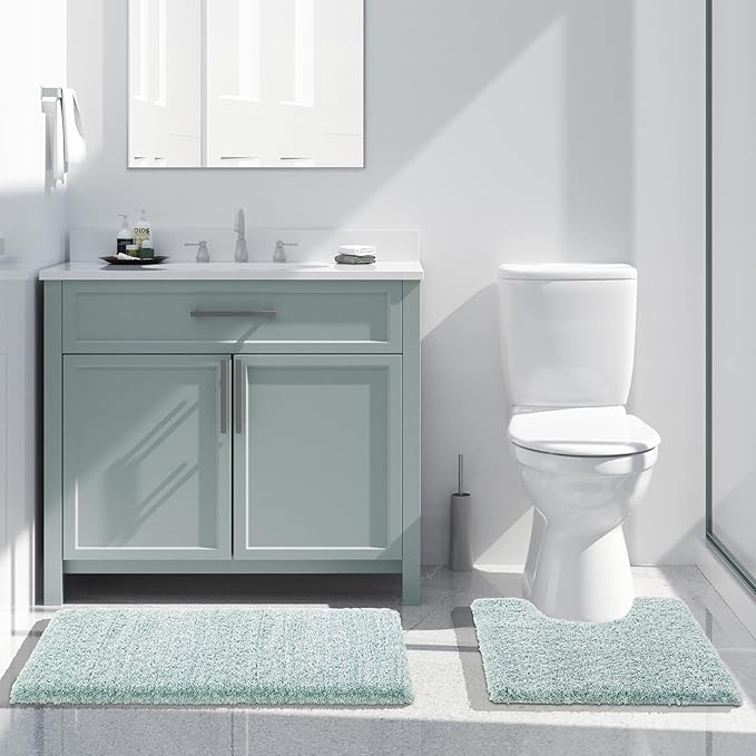Yimobra Toilet Rugs U Shaped 24x20, Ultra Soft and Water Absorbent Bath Mats, Non Slip Fluffy Luxury Microfiber Contour Bath Rugs for Toilet, Dry Quick, Machine Washable, Sky Light Blue and White