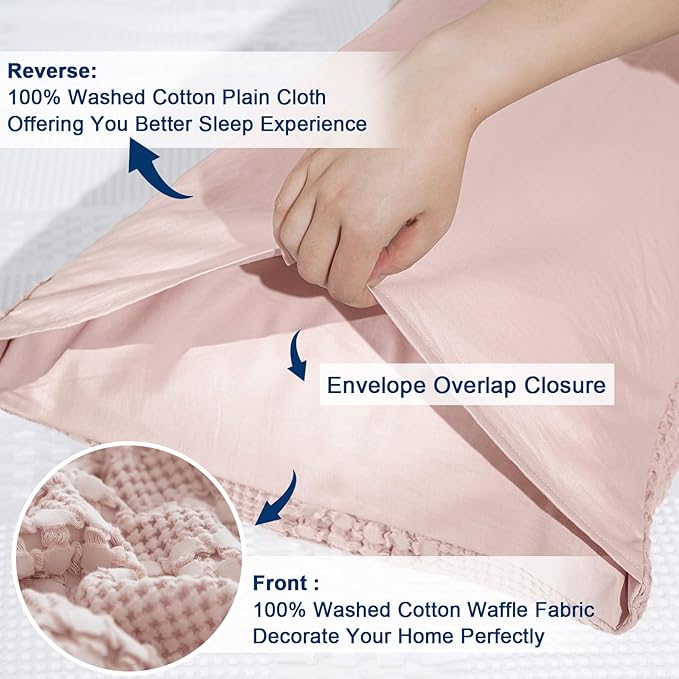 PHF 100% Cotton Waffle Pillow Shams Queen Size, 2 Pack 20" x 30" Soft Skin-Friendly Pillowcases, No Filling, Aesthetic Woven and Breathable Waffle Weave Pillow Case Covers for Bed, Pink