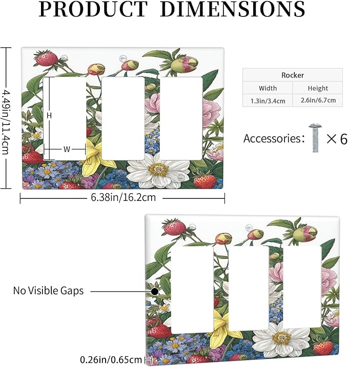 Spring Watercolor Flower Plant Strawberry Peony Floral Light Switch Covers 3 Gang Rocker Decorative Triple Outlet Wall Plate Cover Switchplate Electrical GFCI for Bedroom living Room Decor