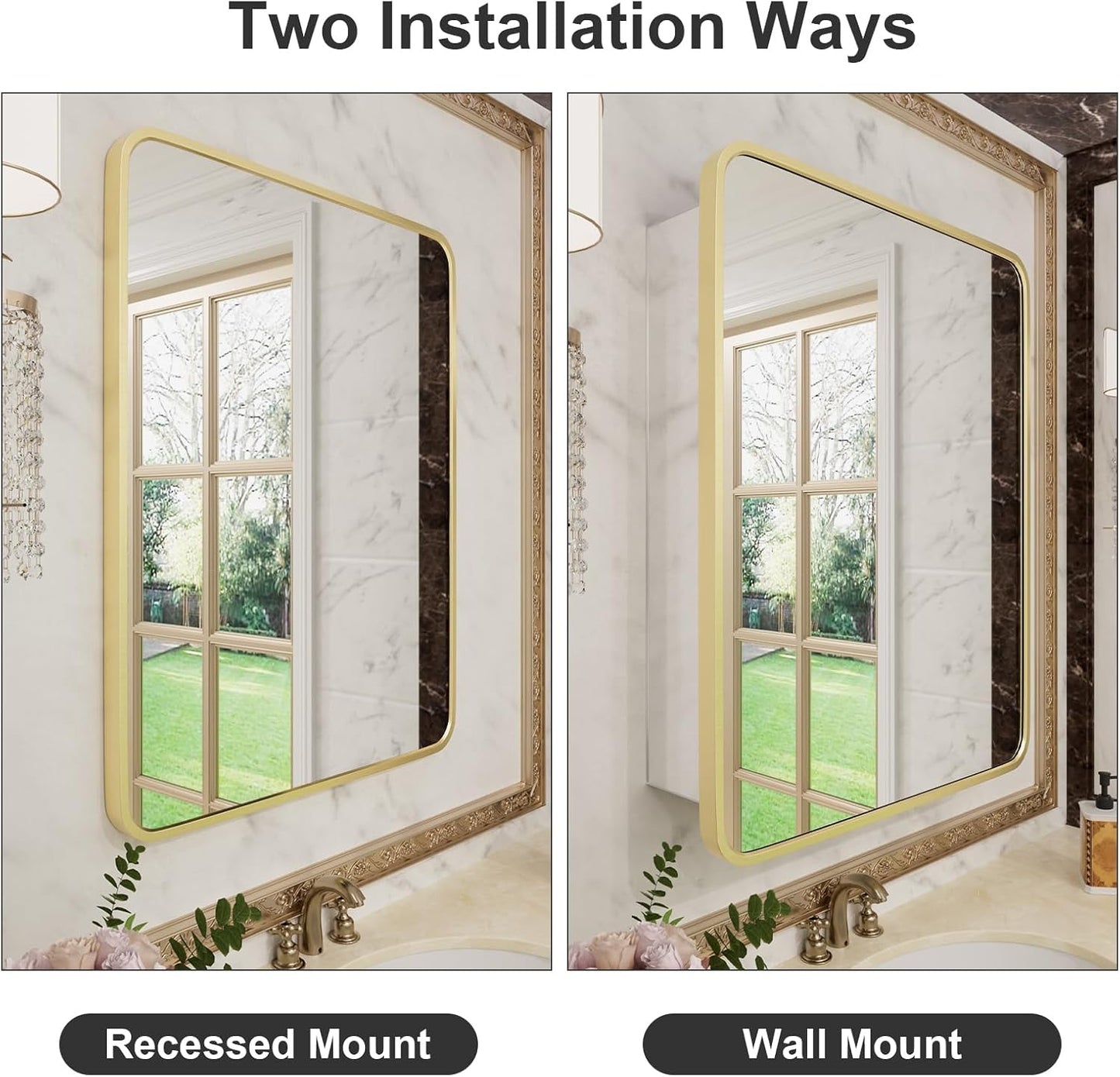 HOMECOOKIN Farmhouse Gold Metal Framed Recessed Bathroom Medicine Cabinet with Beveled Mirror Rounded Rectangle Bathroom Medicine Cabinet 22x28 inch