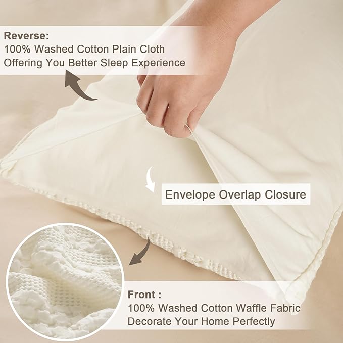 PHF 100% Cotton Waffle Pillow Shams Standard Size, 2 Pack 20" x 26" Soft Skin-Friendly Pillowcases, No Filling, Aesthetic Woven and Breathable Waffle Weave Pillow Case Covers for Bed, Ivory