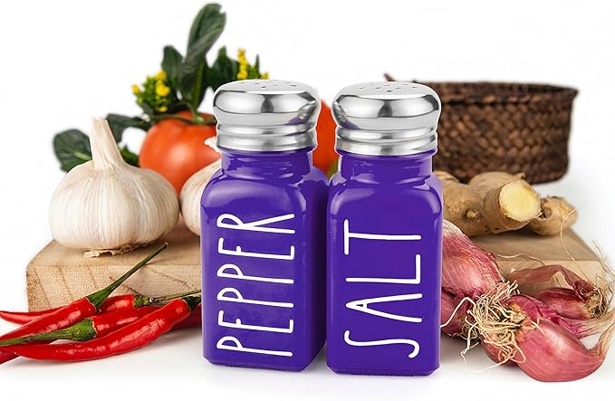 Purple Salt and Pepper Shakers Set by Brighter Barns - Modern Farmhouse Kitchen Decor and Accessories - Cute Salt and Pepper Set - Glass Shakers & Stainless Steel Lids for Home, Restaurants (Purple)