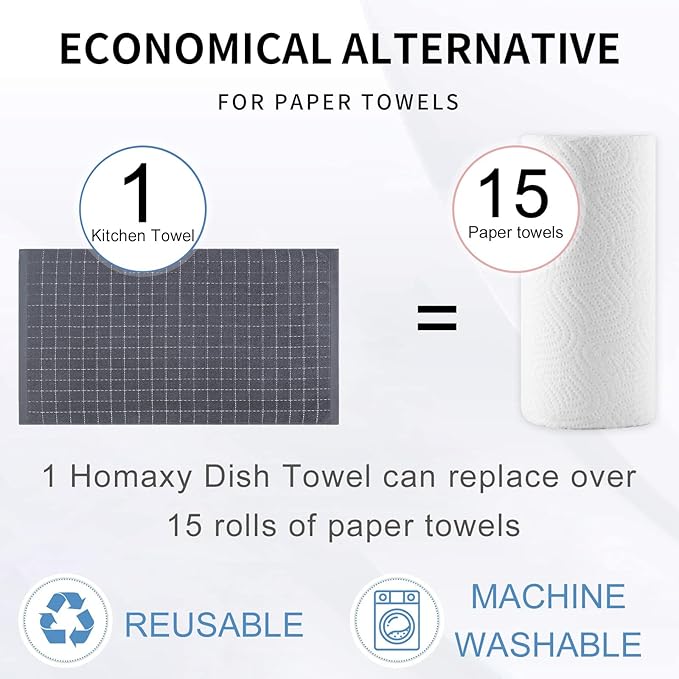 Homaxy 100% Cotton Terry Kitchen Towels(Dark Grey, 20 x 28 inches), Checkered Designed, Soft and Super Absorbent Dish Towels, Large 4 Pack