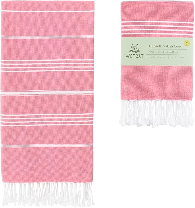 WETCAT Turkish Beach Towel Oversized (38"x71") 100% Turkish Cotton, Made in Turkey - Sand Free, Extra Large, Ultra Soft, Quick Drying, Compact & Lightweight for Travel - Pink
