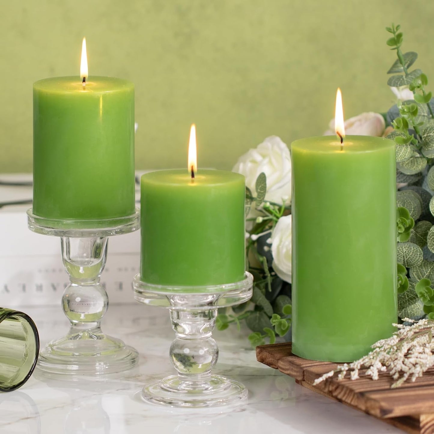 KONNI Green Pillar Candles Set of 3, 3"x 6" Unscented Pillar Candles Bulk, 56 Hours Long Burning Candles, Smokeless&Dripless Large Round Candle for Wedding, Home Decoration, Parties, Spas, Dinner