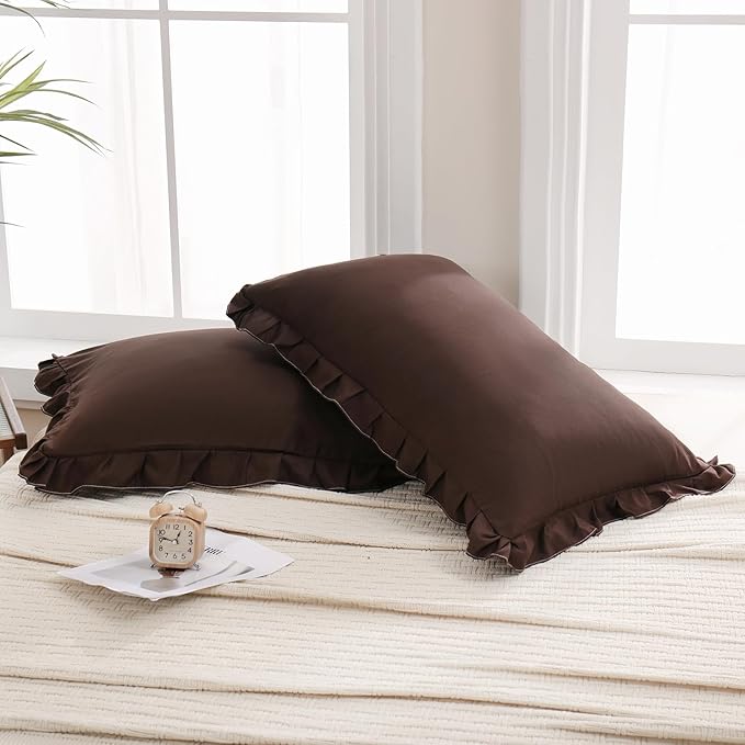 Merryword Dark Brown Pillow Shams Chocolate Queen Pillowcases Cute Pillow Cover Set of 2 Soft Shabby Chic Ruffled Pillowcases 2 Pack (Queen (20''x30''), Chocolate)